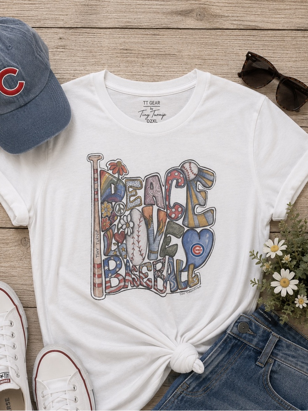 Chicago Cubs Tiny Turnip Peace Love Baseball T-Shirt 2XL NWT